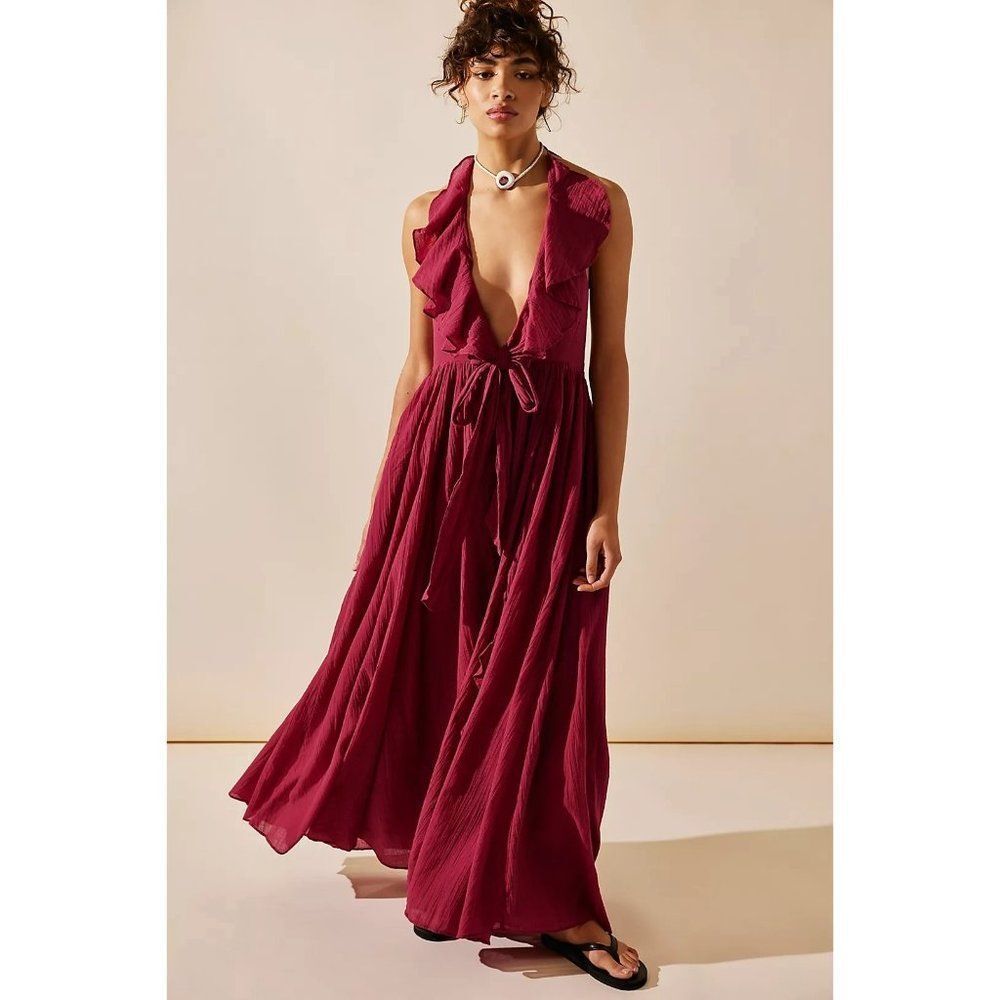 NWT Free People Conchita Low-Back Maxi in Raspberry Cotton Halter Large